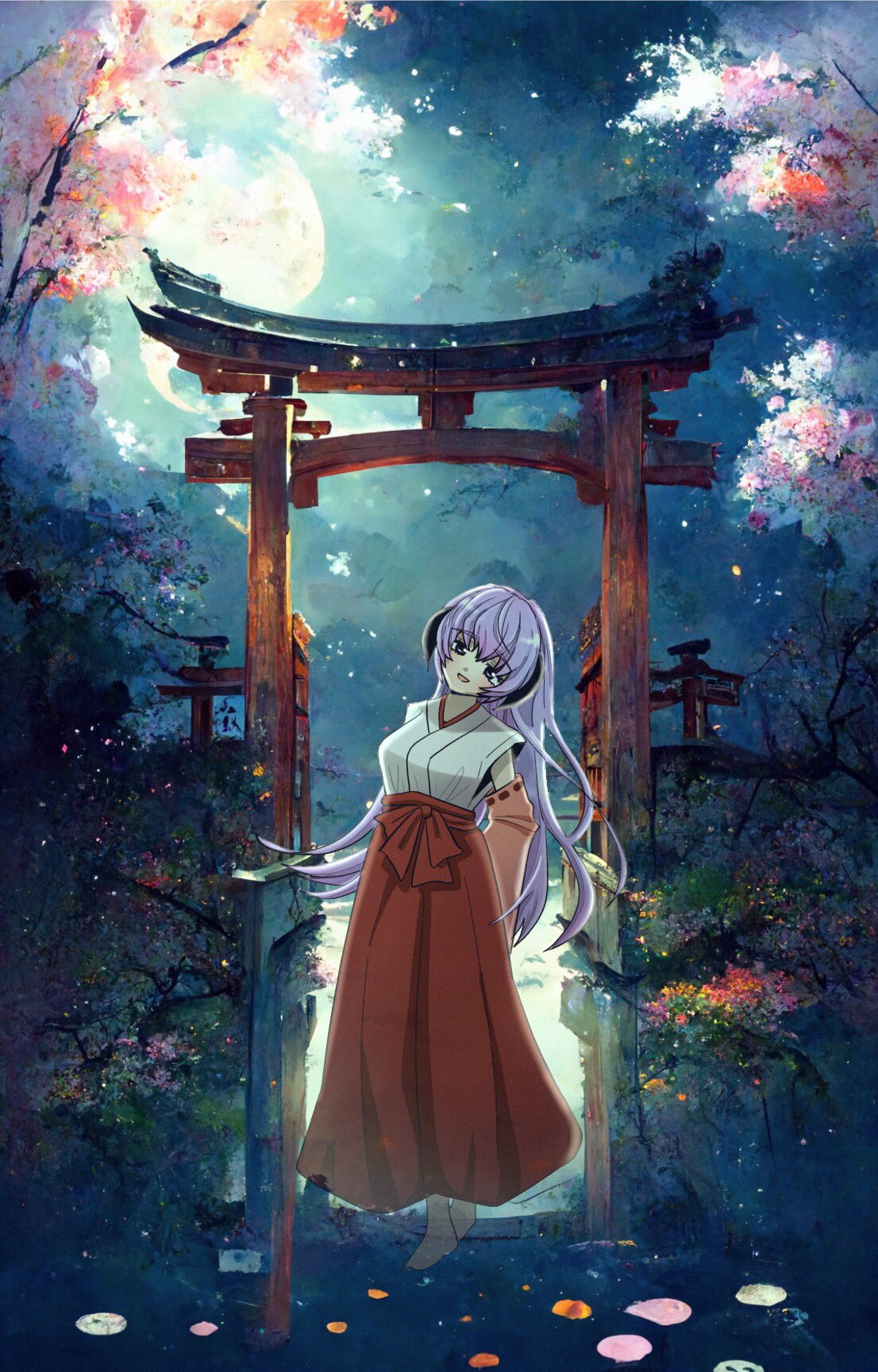 1girl, arms_behind_back, bangs, barefoot, black_horns, breasts, cherry_blossoms, detached_sleeves