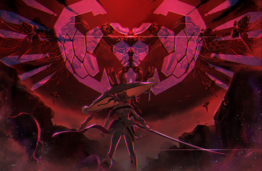 1girl, absurdres, arm_guards, armor, battle, battlefield, clothing_cutout, diffraction_spikes
