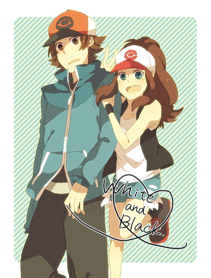 baseball_cap, brown_hair, denim, hat, iyo_(shalalala), long_hair, pokemon, pokemon_(game), pokemon_black_and_white, pokemon_bw, ponytail, shalalala, shorts, touko_(pokemon), touya_(pokemon), v, vest, wristband