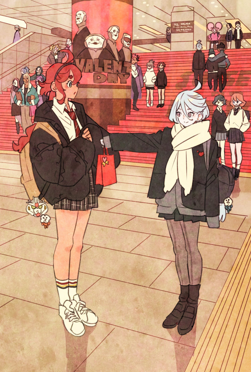 afro_puffs, arm_around_back, backpack, bag, black_footwear, black_hair, black_hairband, black_jacket