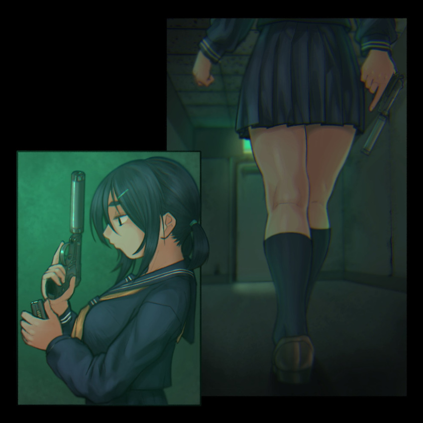 1girl, bangs, black_hair, black_sailor_collar, black_serafuku, black_shirt, black_skirt, brown_neckerchief