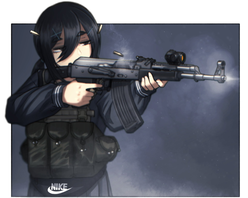 1girl, bangs, black_eyes, black_hair, black_shirt, black_skirt, cb_(c-board), firing