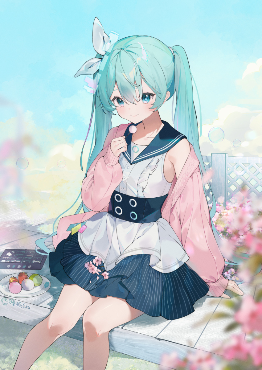 1girl, blush, bow, closed_mouth, dango, dress, eru_daydream, feet_out_of_frame