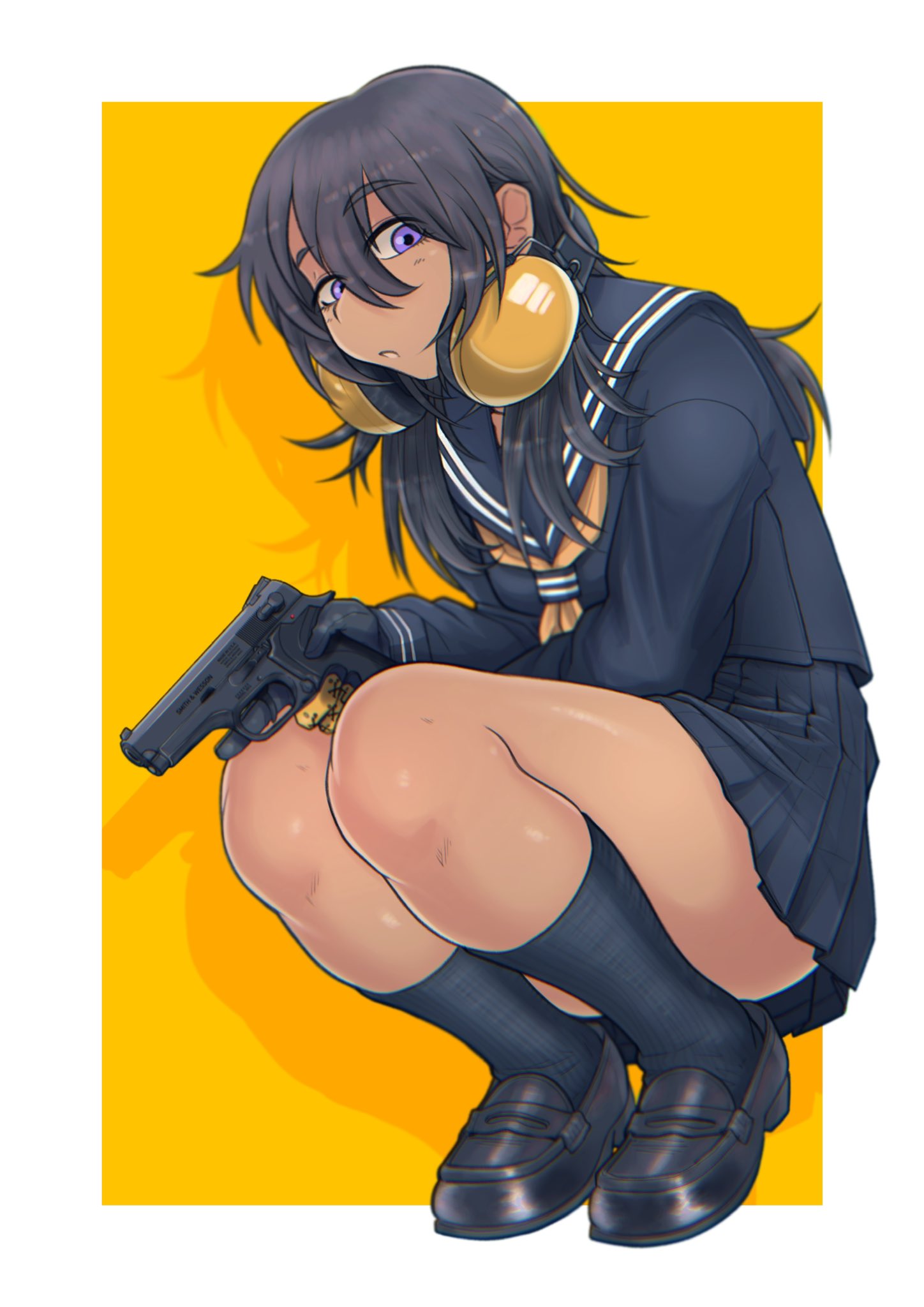 1girl, bangs, black_footwear, black_gloves, black_hair, black_sailor_collar, black_serafuku, black_shirt