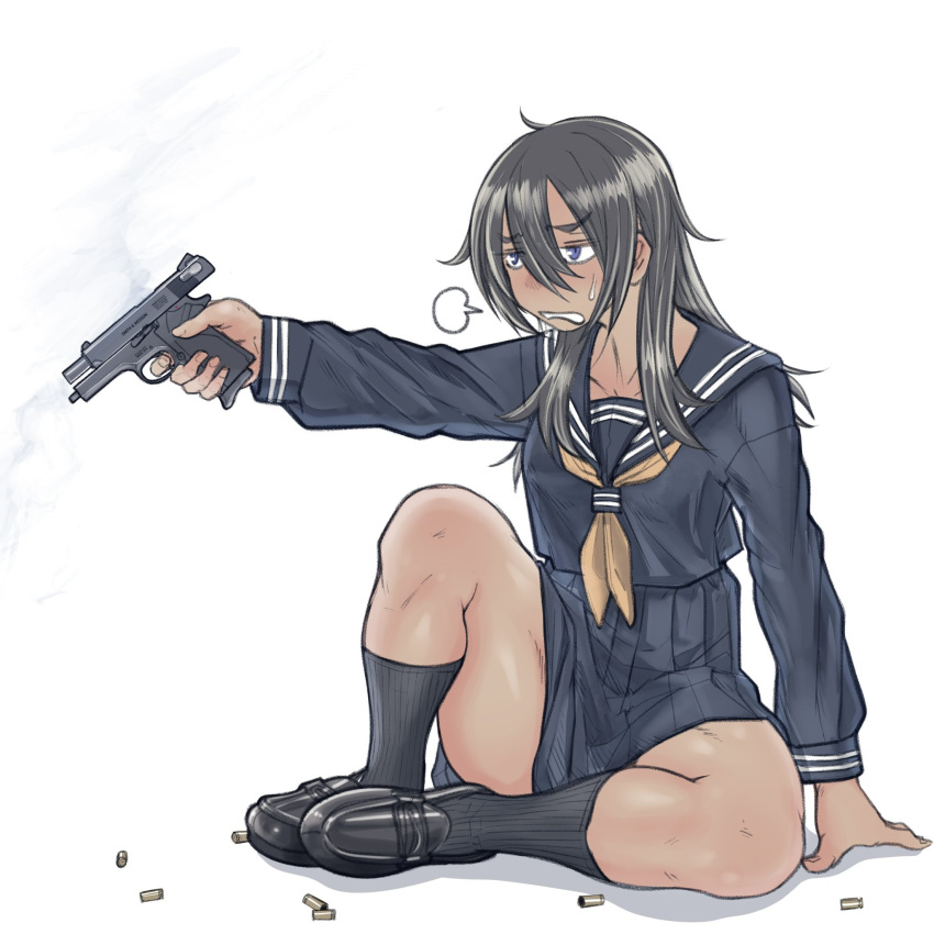 1girl, bangs, black_footwear, black_hair, black_sailor_collar, black_serafuku, black_shirt, black_skirt