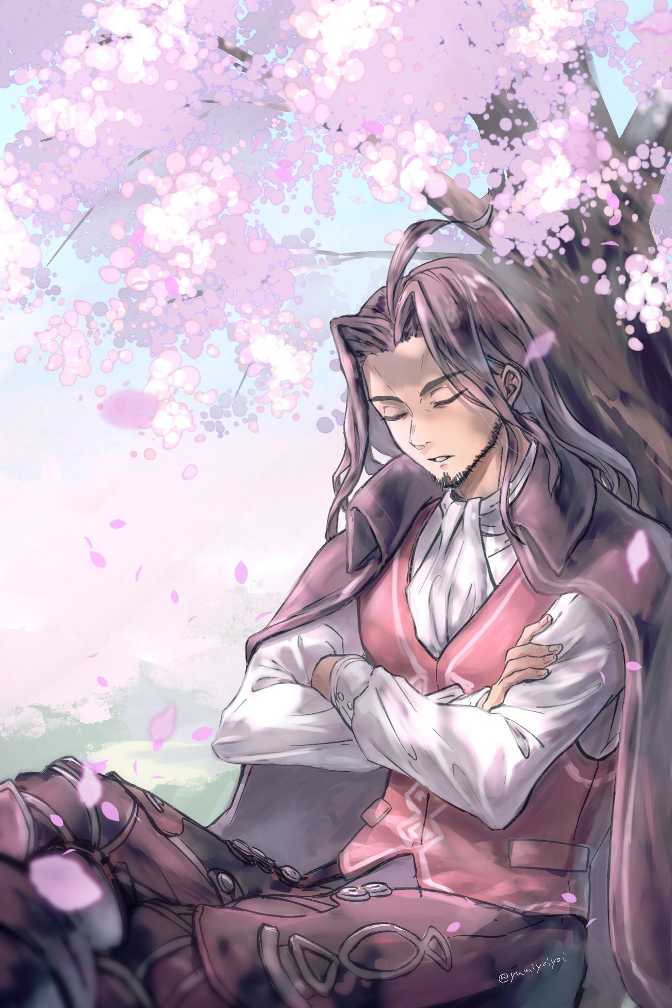 1boy, ascot, beard, black_cape, black_hair, cape, cherry_blossoms, closed_eyes, crossed_arms, day, dunban_(xenoblade), facial_hair, highres, long_hair, long_sleeves, male_focus, outdoors, red_vest, shirt, sitting, sleeping, solo, tree, under_tree, vest, white_shirt, xenoblade_chronicles_(series), xenoblade_chronicles_1, yumiyoiyoi