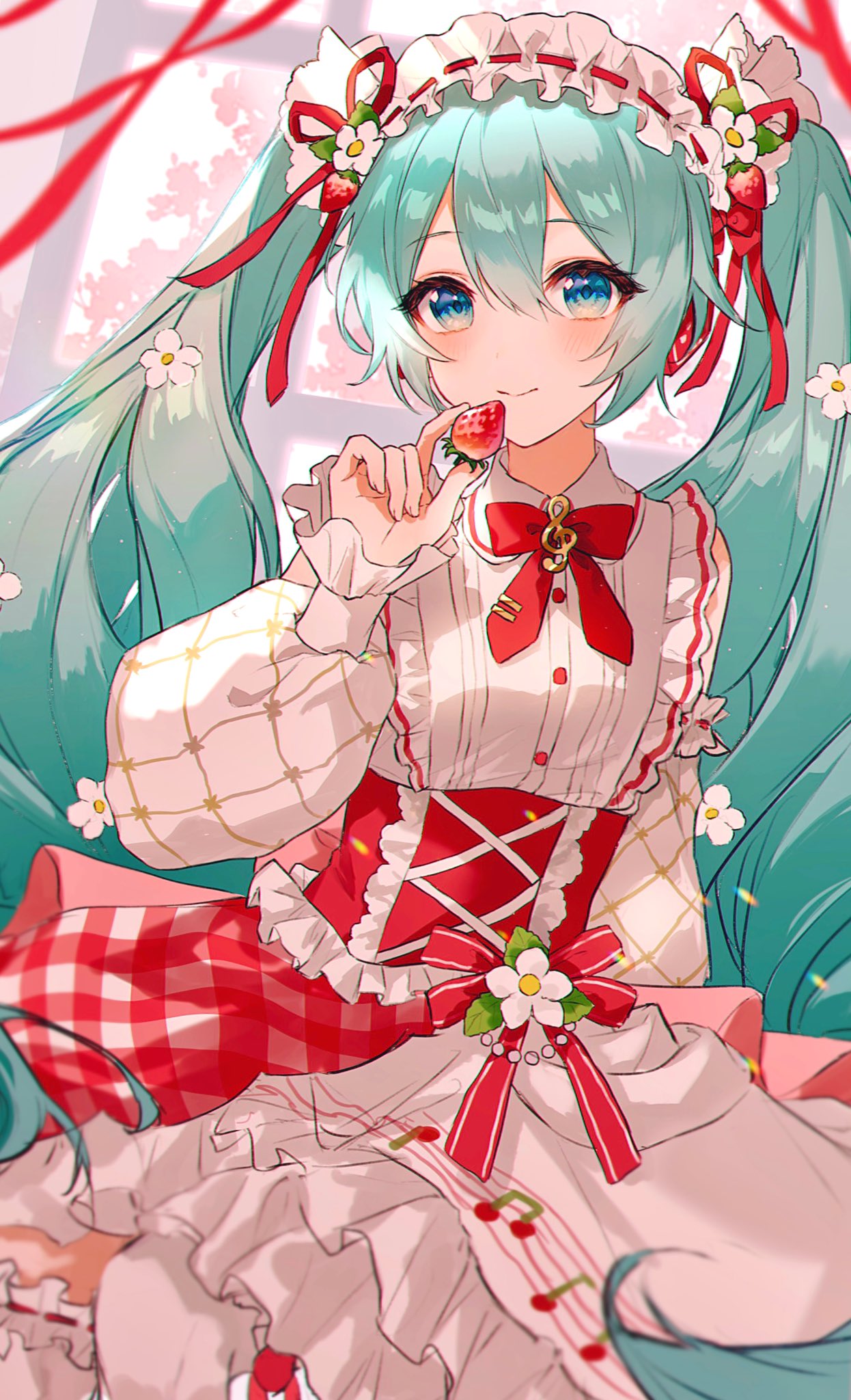 aqua_hair, bangs, bare_shoulders, blue_eyes, blurry, blurry_background, blush, brooch
