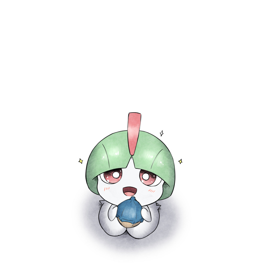 :d, berry_(pokemon), blush, bright_pupils, chesto_berry, commentary_request, food, from_above