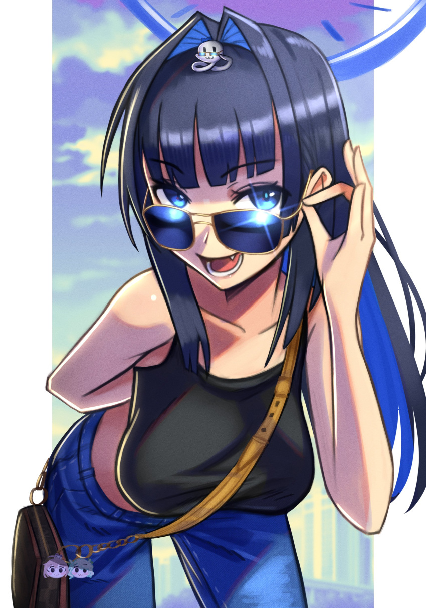 1girl, absurdres, adjusting_eyewear, arm_behind_back, bag, bangs, black_tank_top, blue_eyes
