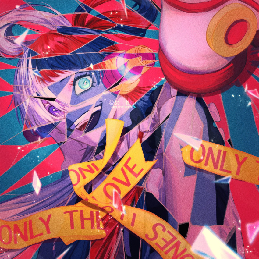 1girl, blue_eyes, broken_glass, caution_tape, crazy_eyes, crazy_smile, glass, glass_shards, headgear, heterochromia, highres, long_hair, looking_at_viewer, multicolored_hair, one_piece, one_piece_film:_red, open_mouth, photo_(object), ponytail, redhead, st_ifku, teeth, two-tone_hair, uta_(one_piece), violet_eyes, white_hair