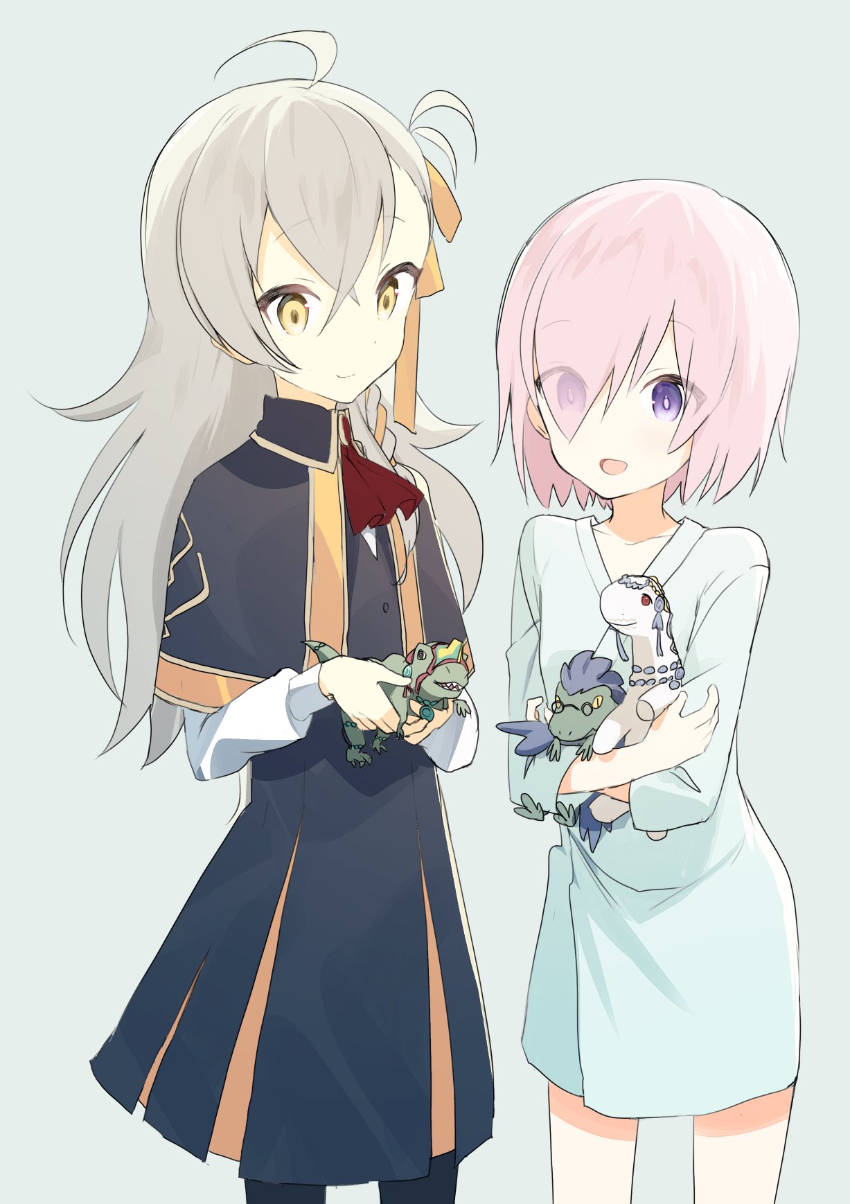 2girls, :d, aged_down, ascot, black_capelet, braid, capelet, character_request