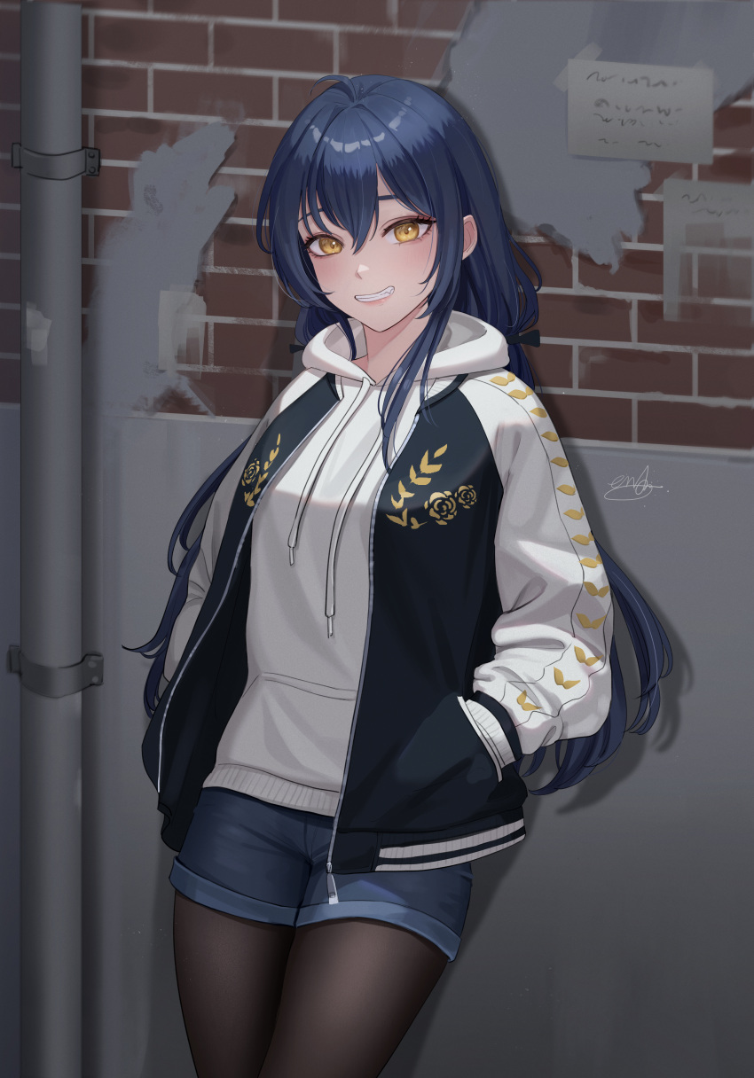 1girl, absurdres, aendi_en_d_endei, against_wall, artist_name, blue_hair, blue_shorts, denim, denim_shorts, drawstring, grin, hair_between_eyes, hands_in_pockets, highres, hood, hoodie, jacket, long_hair, looking_at_viewer, multicolored_clothes, multicolored_jacket, open_clothes, open_jacket, original, pantyhose, pantyhose_under_shorts, short_shorts, shorts, signature, smile, solo, sukajan, two-tone_jacket, white_hoodie, yellow_eyes