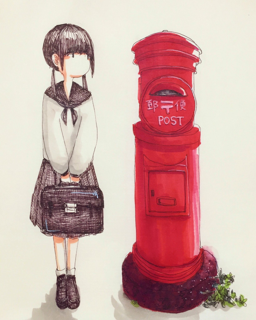 1girl, bangs, black_footwear, black_hair, black_neckerchief, black_sailor_collar, black_skirt, full_body