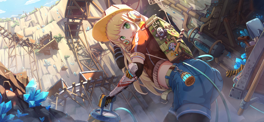 1girl, blonde_hair, blue_shorts, blue_sky, catxuan, cliff, clouds, crystal