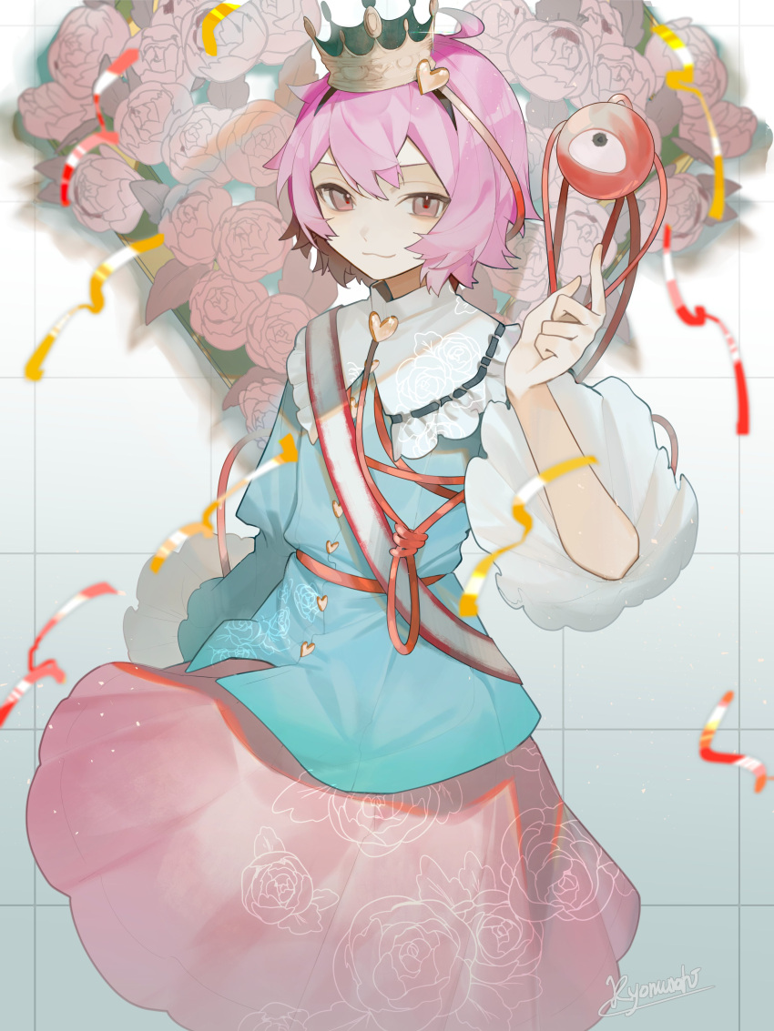 1girl, absurdres, ahoge, artist_name, bangs, blue_shirt, buttons, closed_mouth