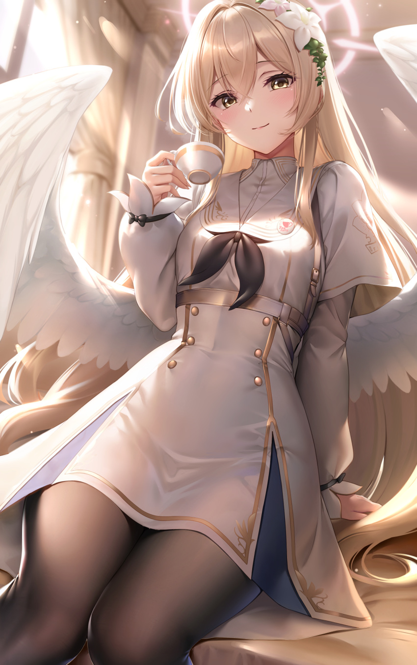 1girl, angel_wings, arm_at_side, arm_support, backlighting, black_pantyhose, blonde_hair, blue_archive