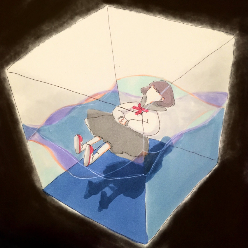 1girl, afloat, bangs, black_background, brown_hair, closed_eyes, cube, full_body