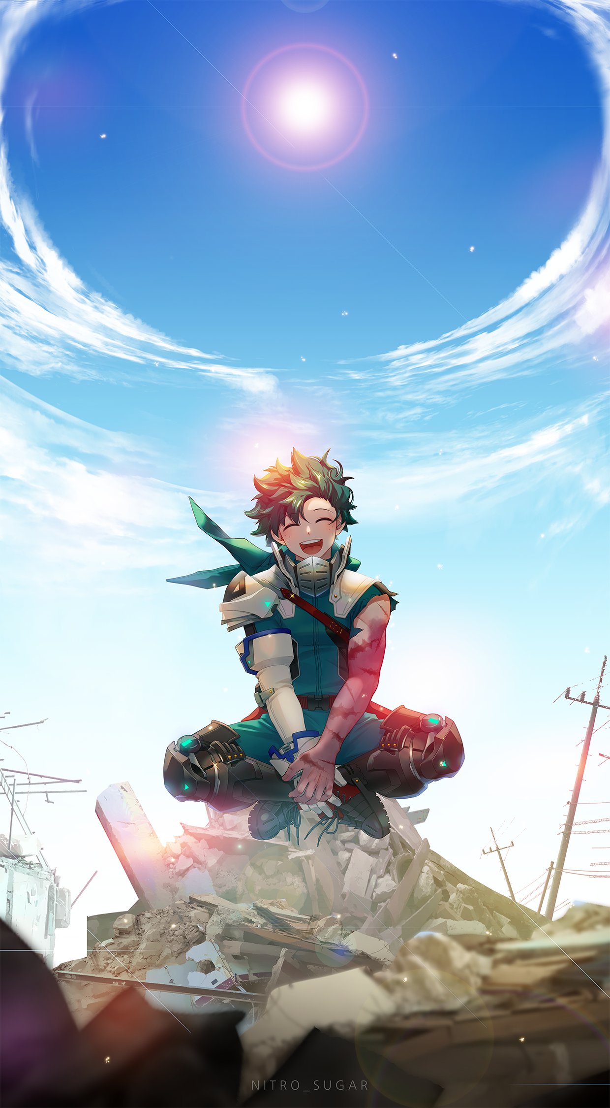 1boy, ^_^, adapted_costume, alternate_hairstyle, armor, bloom, blue_sky, blurry