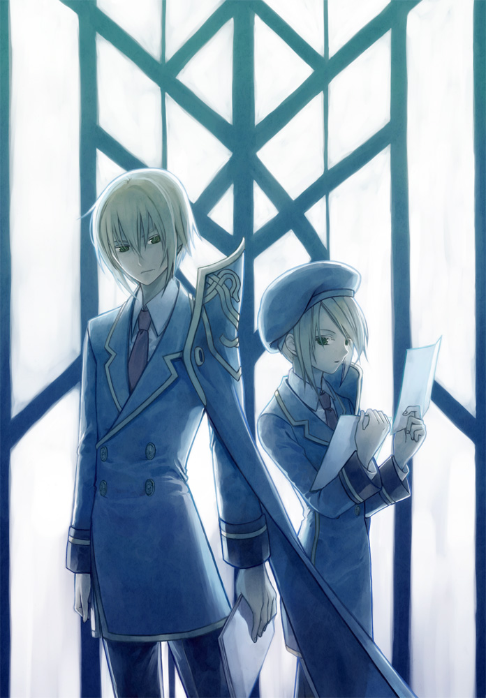 blazblue, blonde_hair, formal, green_eyes, hat, jin_kisaragi, necktie, noel_vermillion, s2_129, suit, uniform