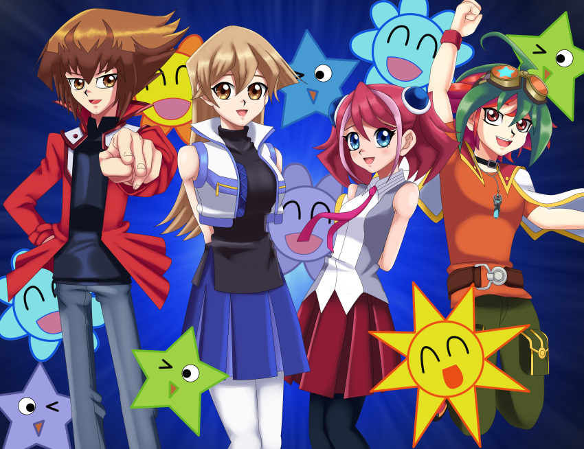 2boys, 2girls, alternate_costume, arms_behind_back, blonde_hair, blue_eyes, blue_skirt, brown_eyes