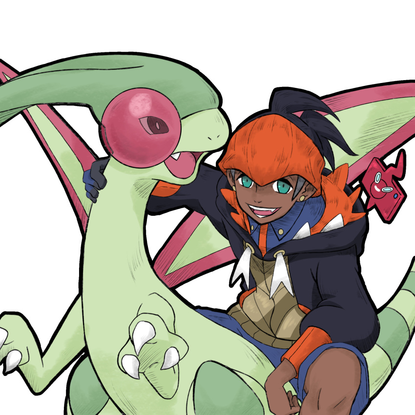 aqua_eyes, black_hair, black_hoodie, dark-skinned_male, dark_skin, earrings, fang, flygon, gloves, hand_on_another's_neck, hand_rest, headband, highres, hood, hoodie, jewelry, open_mouth, orange_headband, pokemon, raihan_(pokemon), riding, riding_pokemon, ror_(meisakutaro), rotom, rotom_phone, shirt, short_hair, single_glove, undercut, white_background