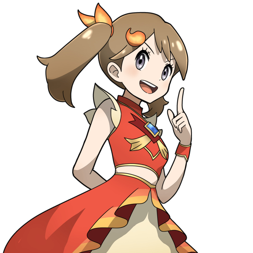 1girl, arms_behind_back, brown_hair, dress, highres, may_(pokemon), may_(sygna_suit)_(pokemon), midriff, official_alternate_costume, open_mouth, pointing, pokemon, pokemon_(game), pokemon_masters_ex, red_dress, red_wristband, ror_(meisakutaro), sleeveless, sleeveless_dress, smile, teeth, twintails, upper_teeth_only, v-shaped_eyebrows, white_background