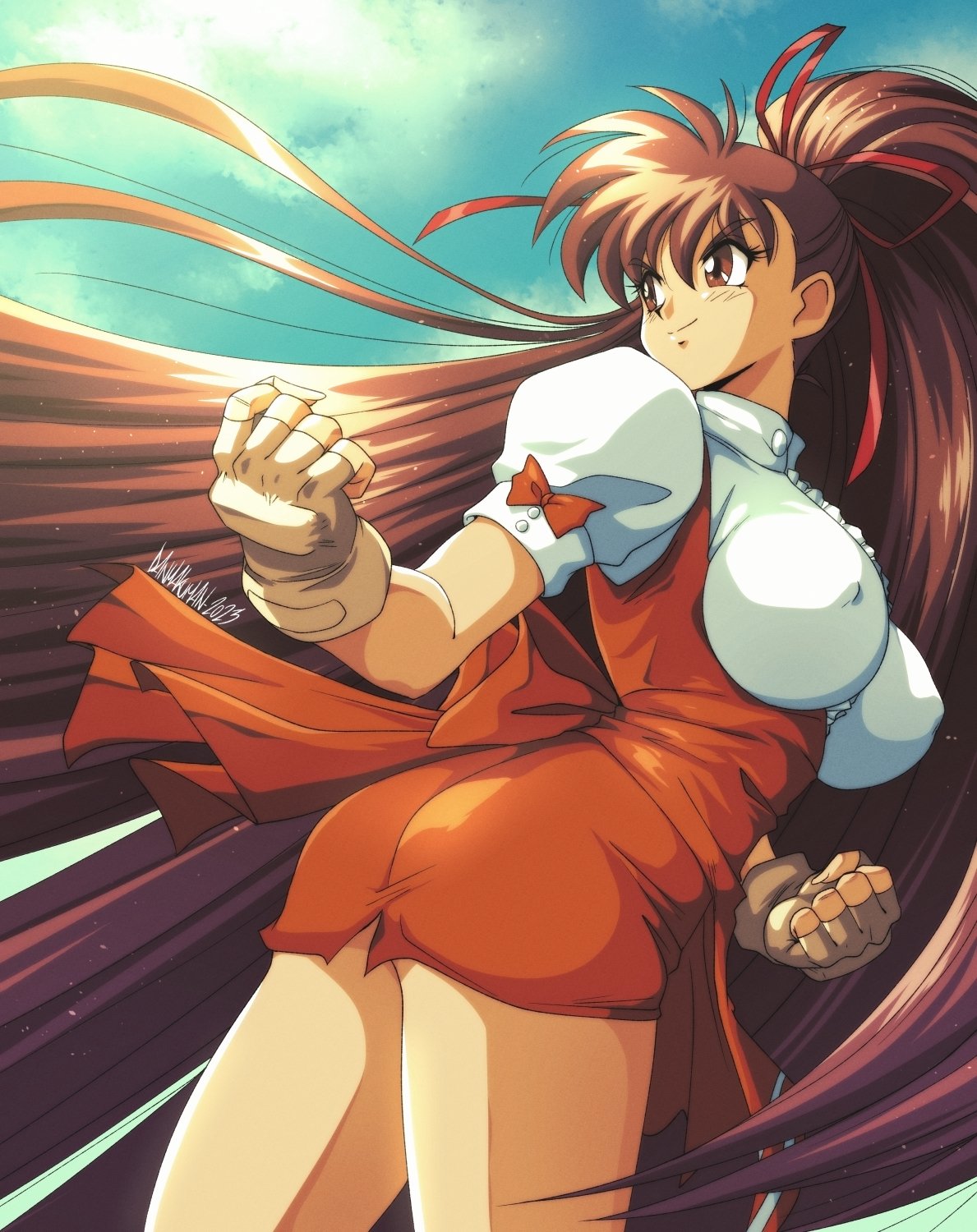 1girl, ass, breasts, brown_eyes, brown_hair, clenched_hands, danmakuman, fingerless_gloves