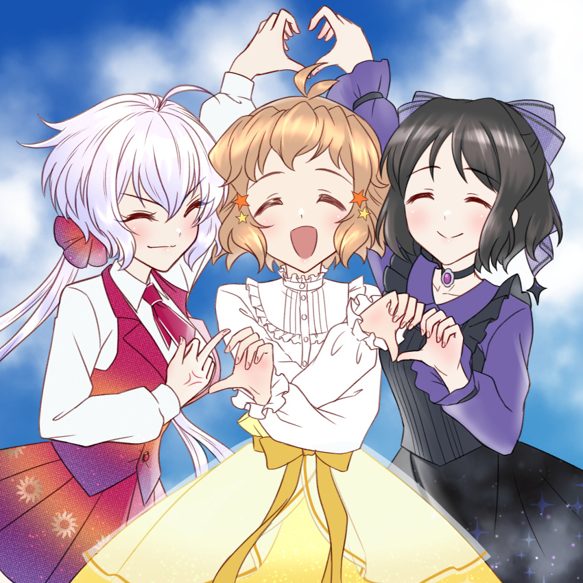3girls, ahoge, alternate_costume, axia-chan, black_choker, black_hair, blush, bow, breasts, brown_hair, choker, closed_mouth, clouds, commentary_request, dress, girl_sandwich, hair_ornament, hair_ribbon, happy, heart, heart_hands, highres, kohinata_miku, long_hair, low_twintails, multiple_girls, necktie, open_mouth, red_necktie, ribbon, sandwiched, senki_zesshou_symphogear, short_hair, sky, smile, tachibana_hibiki_(symphogear), twintails, very_long_hair, yukine_chris