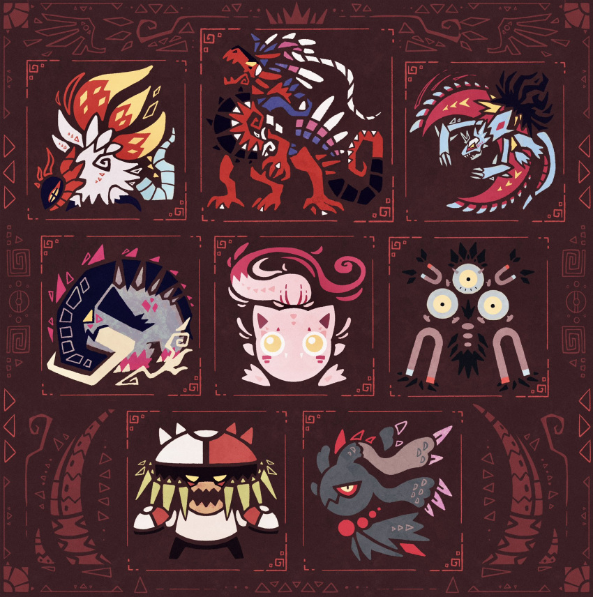6+others, alleesaur, brown_background, brute_bonnet, claws, colored_sclera, fangs, feathered_wings
