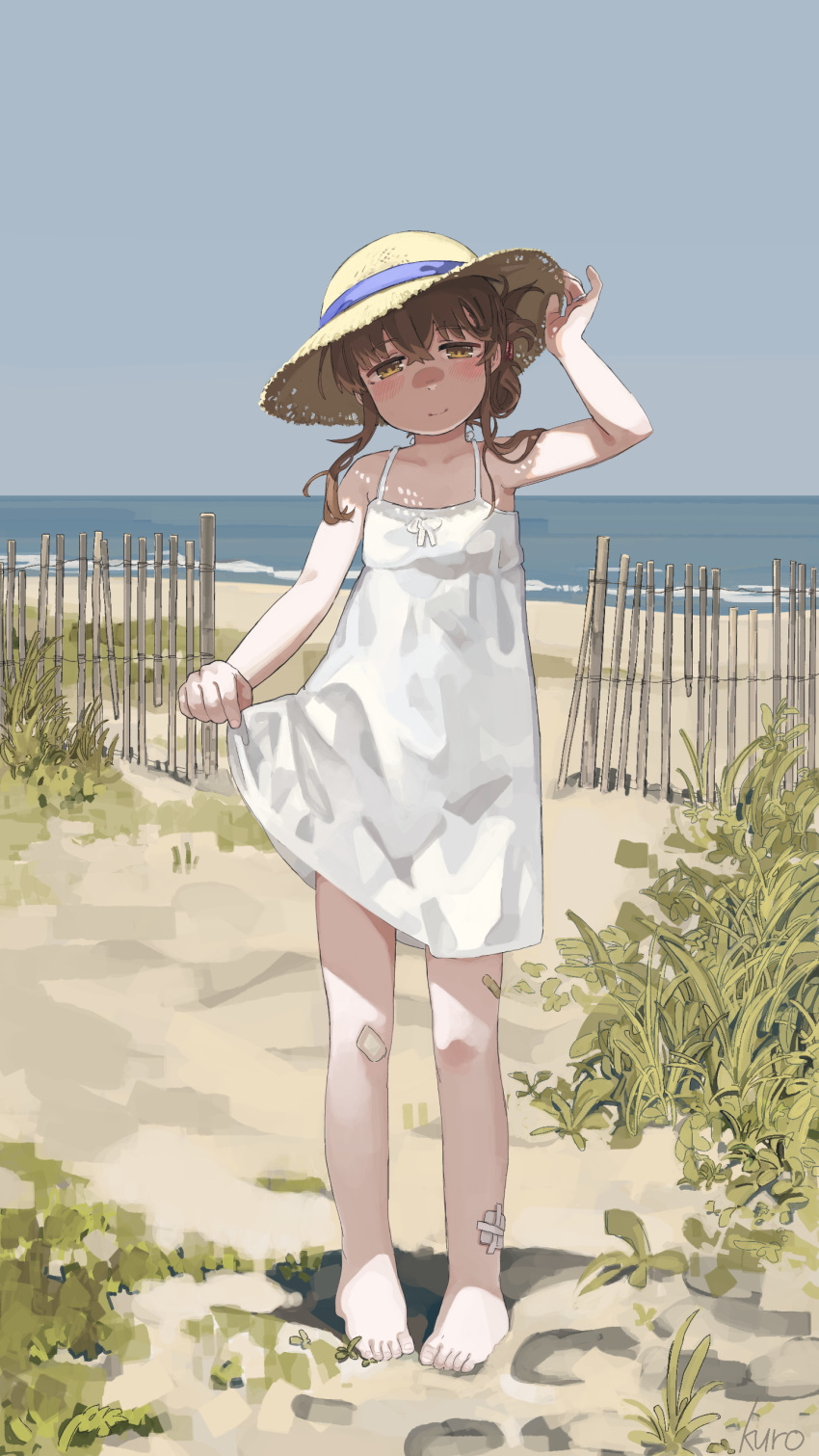 1girl, absurdres, blush, brown_eyes, closed_mouth, day, dress, full_body