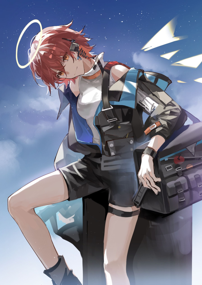 1girl, absurdres, arknights, bag, black_jacket, black_shorts, blue_sky, detached_wings