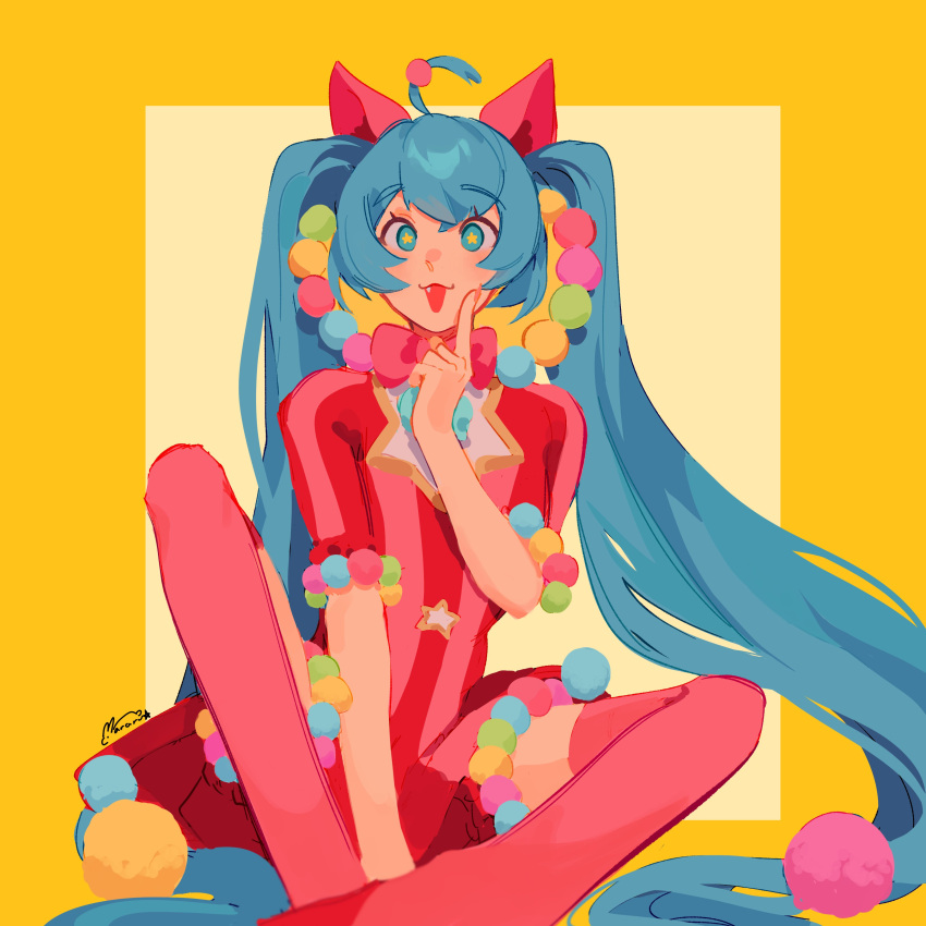 1girl, absurdres, aqua_eyes, aqua_hair, fang, hatsune_miku, highres, leotard