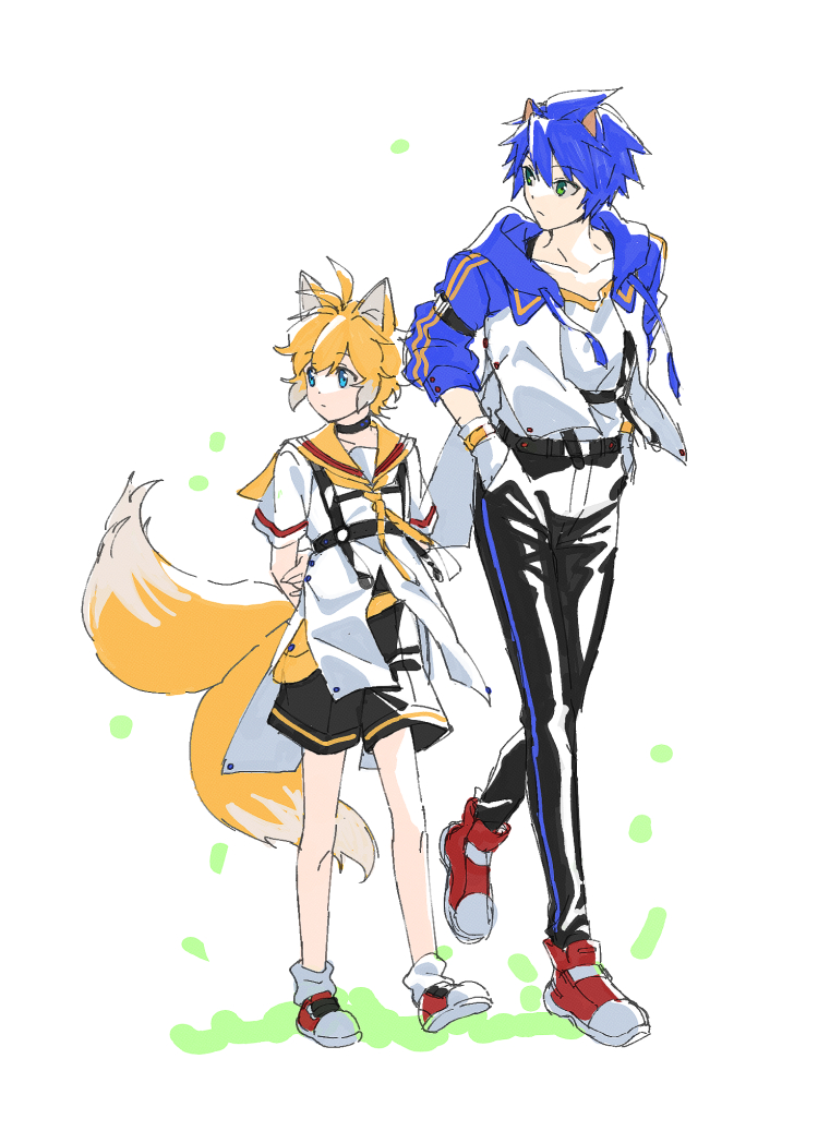2boys, animal_ears, arms_behind_back, banri_0917, black_pants, black_shorts, blonde_hair, blue_eyes