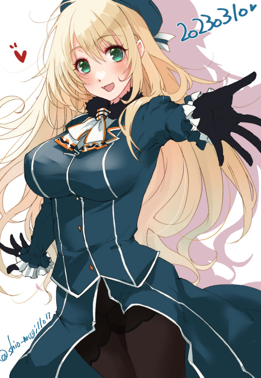 1girl, absurdres, aqua_headwear, atago_(kancolle), bangs, beret, black_gloves, black_pantyhose
