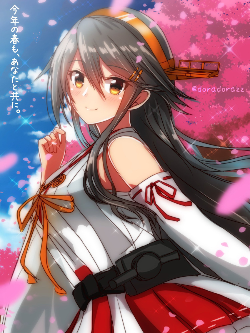 1girl, black_hair, blue_sky, cherry_blossoms, clouds, commentary_request, cowboy_shot, day
