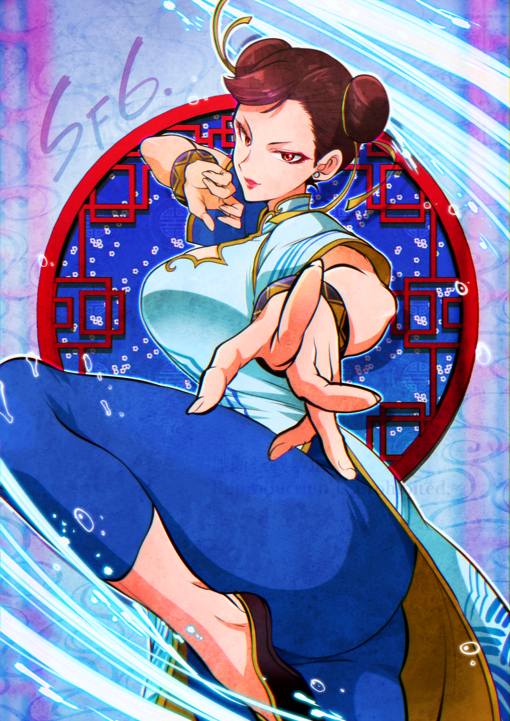 1girl, architecture, ass, black_footwear, blue_dress, blue_leggings, bracelet, breasts, brown_eyes, brown_hair, china_dress, chinese_clothes, chun-li, cleavage_cutout, clothing_cutout, double_bun, dress, earrings, east_asian_architecture, eyeliner, fighting_stance, fingernails, flats, hair_bun, hair_ribbon, highres, jewelry, large_breasts, leggings, looking_at_viewer, makeup, marimo_(yousei_ranbu), mature_female, pelvic_curtain, pink_lips, ribbon, short_hair, solo, standing, standing_on_one_leg, street_fighter, street_fighter_6, stud_earrings, thick_thighs, thighs