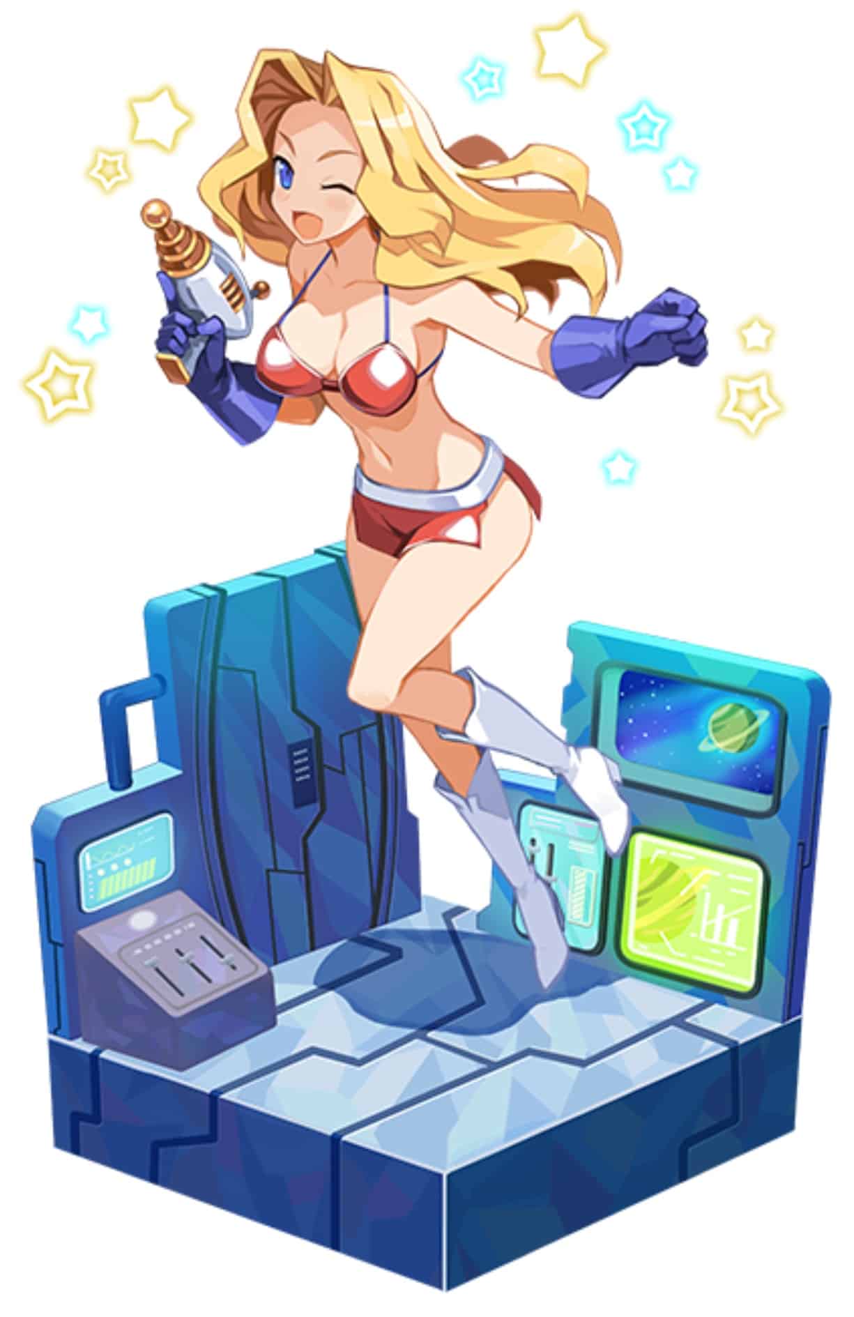 1girl, bikini, bikini_top_only, blonde_hair, blue_eyes, blue_gloves, breasts, disgaea