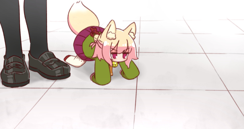1girl, 1other, all_fours, animal_ear_fluff, animal_ears, bangs, bell, black_footwear, black_pantyhose, blonde_hair, fox_ears, fox_girl, fox_tail, green_shirt, hair_bun, hair_ornament, highres, jingle_bell, kemomimi-chan_(naga_u), loafers, long_sleeves, meme, naga_u, neck_bell, oh!_pamo-san_(meme), original, pantyhose, pleated_skirt, pokemon, purple_skirt, red_footwear, ribbon-trimmed_legwear, ribbon_trim, shirt, shoes, skirt, sleeves_past_fingers, sleeves_past_wrists, solo_focus, standing, tail, thigh-highs, v-shaped_eyebrows, violet_eyes, white_thighhighs, zouri