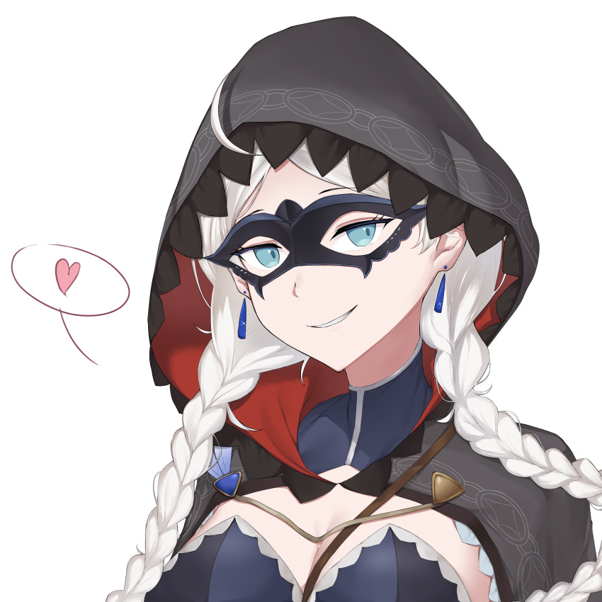 absurdres, ahoge, archfiend0, bangs, blue_bodysuit, blue_brooch, blue_eyes, bodysuit, braid, breasts, cape, chain, commission, commissioner_upload, crystal_earrings, earrings, eye_mask, fire_emblem, fire_emblem_fates, fire_emblem_heroes, gold_chain, heart, highres, hood, hood_up, hooded_cape, jewelry, leather, long_hair, looking_at_viewer, low_twin_braids, medium_breasts, nina_(fire_emblem), nina_(thief)_(fire_emblem), non-web_source, official_alternate_costume, parted_bangs, portrait, skin_tight, smile, speech_bubble, transparent_background, turtleneck, twin_braids