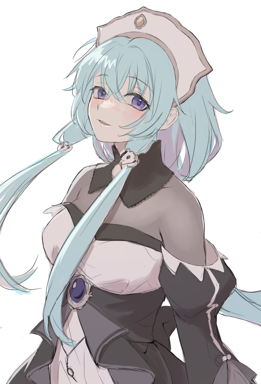 1girl, arms_at_sides, bangs, black_collar, black_dress, blue_hair, blush, bodystocking, bonnet, collar, crossed_bangs, detached_collar, detached_sleeves, dress, flower, gem, hair_flower, hair_ornament, highres, juliet_sleeves, light_blue_hair, long_sleeves, looking_at_viewer, low_tied_sidelocks, magia_record:_mahou_shoujo_madoka_magica_gaiden, magical_girl, mahou_shoujo_madoka_magica, omatsu214, parted_lips, puffy_sleeves, purple_gemstone, sena_mikoto, sidelocks, solo, strapless, strapless_dress, tri_tails, two-tone_dress, upper_body, violet_eyes, white_background, white_dress, white_flower, white_headwear