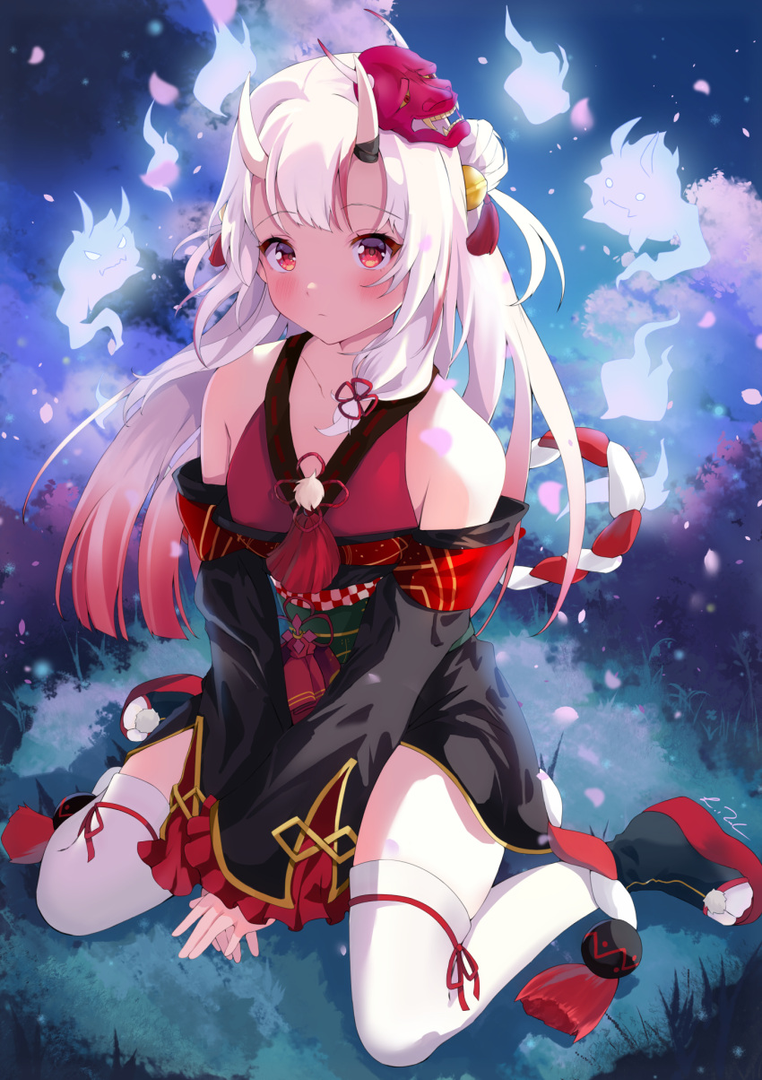1girl, bare_shoulders, bell, between_legs, black_kimono, double_bun, frilled_sleeves, frills