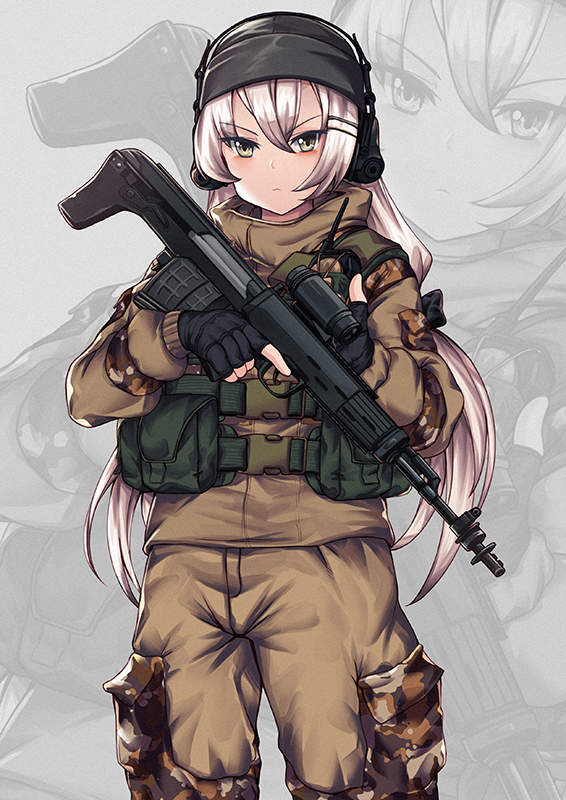 1girl, ammunition_pouch, bangs, beanie, black_gloves, brown_jacket, brown_pants, bullpup, camouflage, camouflage_jacket, camouflage_pants, chest_rig, closed_mouth, commentary, cowboy_shot, designated_marksman_rifle, dragunov_svu, fatigues, fingerless_gloves, girls_frontline, gloves, gorka, gradient_hair, grey_background, grey_hair, grey_headwear, gun, hair_between_eyes, hair_ornament, hairclip, hat, headset, holding, holding_gun, holding_weapon, jacket, light_frown, long_bangs, long_hair, long_sleeves, looking_at_viewer, military_jacket, military_operator, multicolored_clothes, multicolored_hair, multicolored_jacket, multicolored_pants, pants, persocon93, pouch, rainbow_six_siege, rifle, russian_commentary, scope, snap-fit_buckle, sniper_rifle, solo, suppressor, svd_(girls'_frontline), tsurime, uniform, walkie-talkie, weapon, white_hair, yellow_eyes, zoom_layer