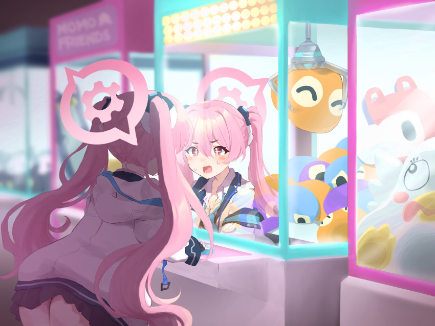 +_+, 1girl, ant_m22, arcade, ass, bangs, bent_over, blue_archive, blush_stickers, collared_shirt, commentary_request, crane_game, hair_between_eyes, hair_ornament, halo, highres, hooded_coat, koyuki_(blue_archive), long_hair, long_sleeves, necktie, peroro_(blue_archive), pink_eyes, pink_hair, pleated_skirt, reflection, school_uniform, shirt, sidelocks, skirt, solo, stuffed_toy, sweatdrop, symbol-shaped_pupils, twintails