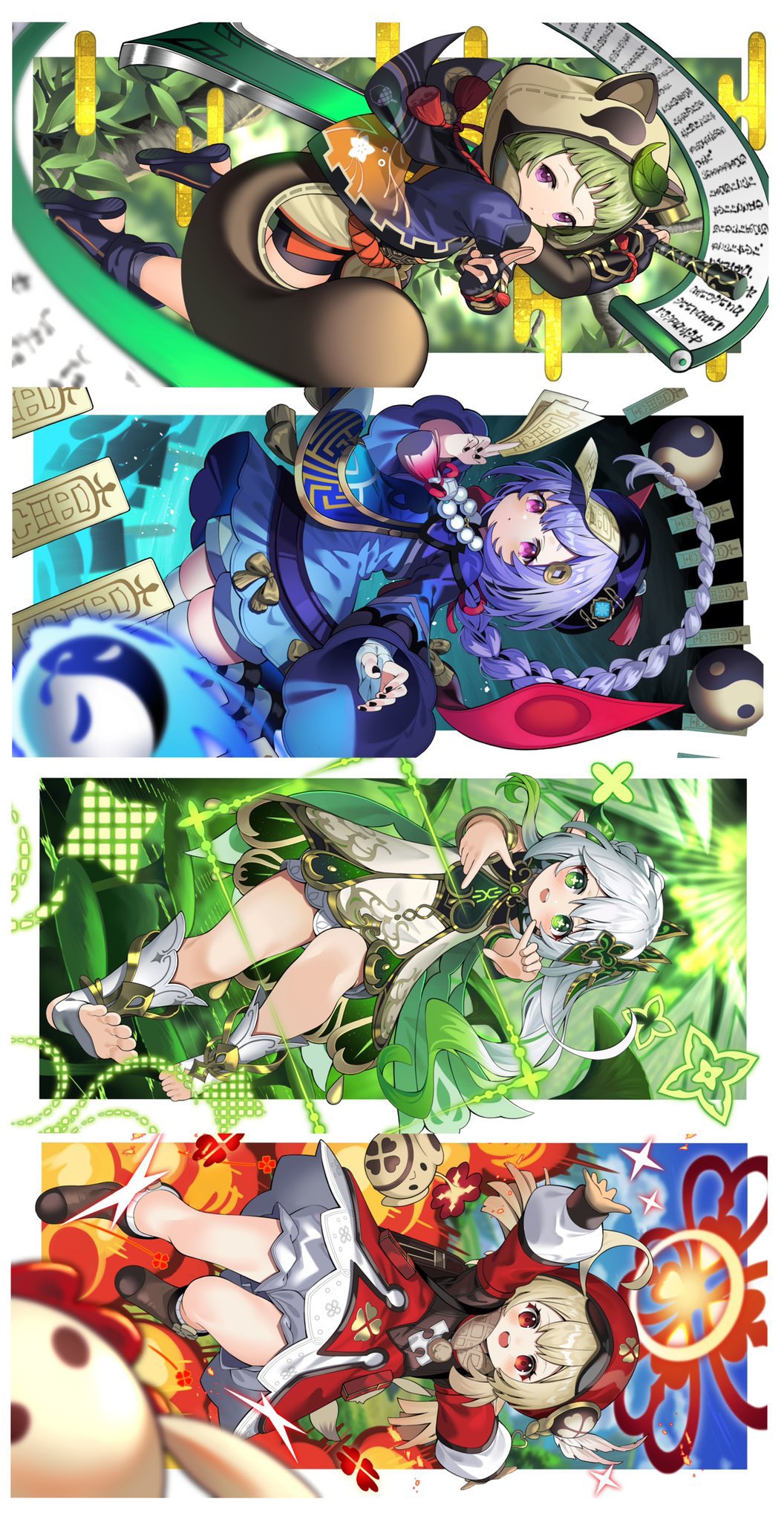 2others, 4girls, :o, ahoge, animal, animal_ears, animal_hood, arm_up