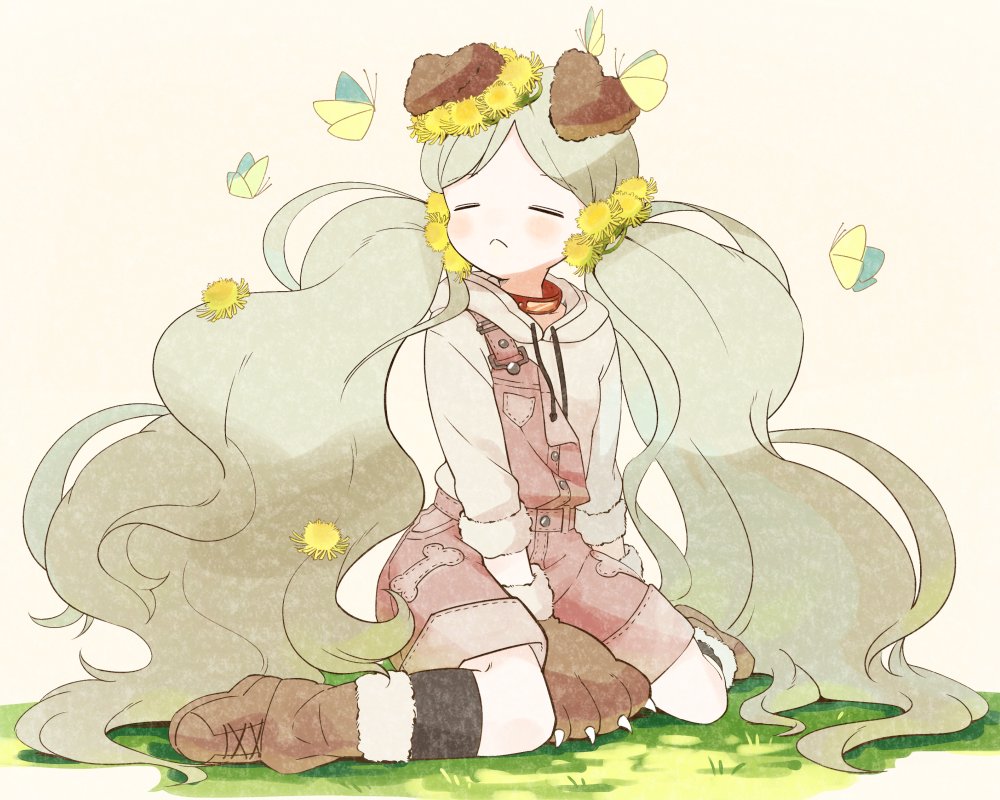 1girl, =_=, animal_ears, animal_hands, bangs, black_socks, blush, bone_print, brown_footwear, bug, butterfly, choker, dog_ears, flower, full_body, gloves, grass, grey_hoodie, hair_flower, hair_ornament, handa_roco, hood, hoodie, idolmaster, idolmaster_million_live!, leather_choker, light_green_hair, long_hair, on_ground, parted_bangs, paw_gloves, pyopyo, red_choker, shorts, simple_background, sitting, socks, solo, suspender_shorts, suspenders, twintails, very_long_hair, wariza