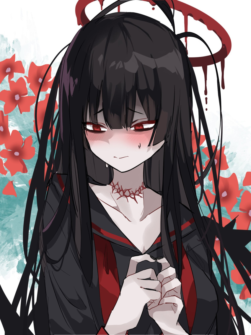black_hair, black_nails, black_serafuku, black_wings, blood, blue_archive, blush, choker