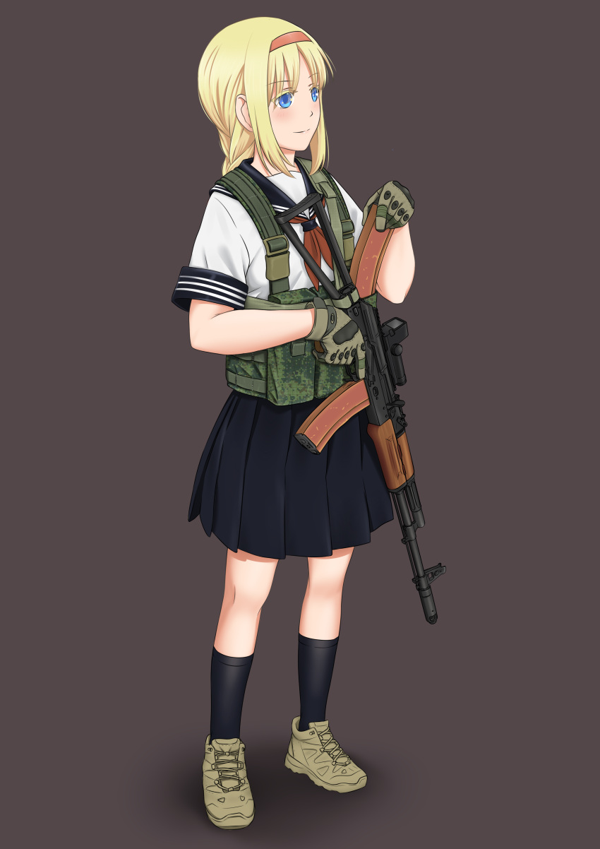 1girl, absurdres, ak-74, aks-74, ammunition_pouch, asobi_asobase, assault_rifle, bangs
