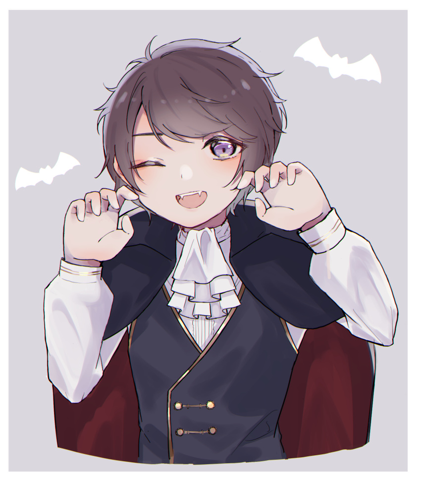 1boy, absurdres, ascot, black_cape, black_hair, black_vest, border, cape