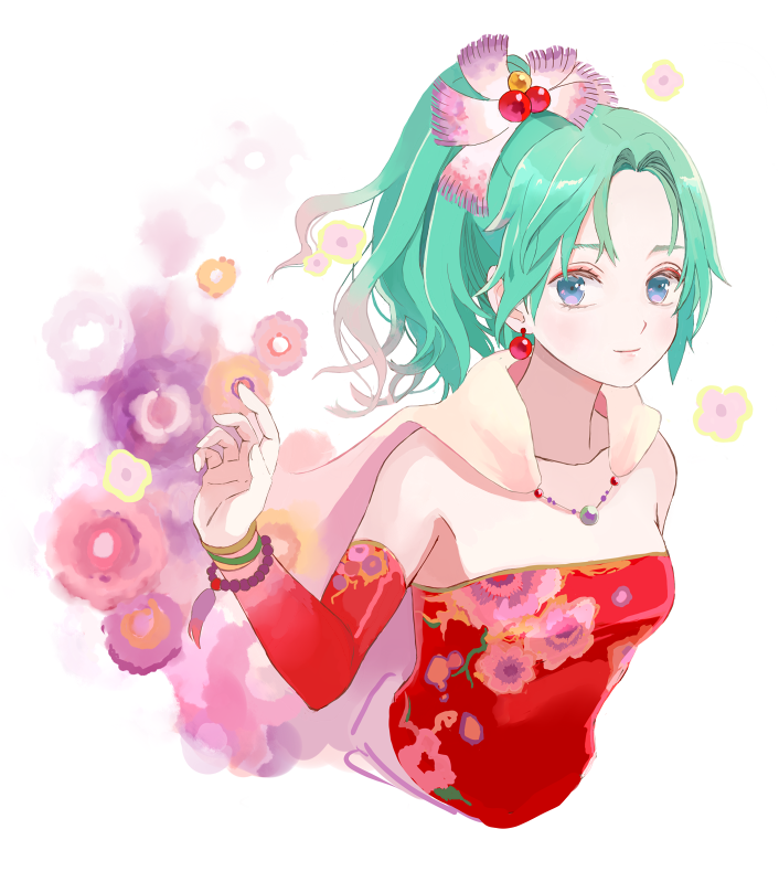 1girl, bangs, bead_bracelet, beads, blue_eyes, bracelet, breasts, cape, detached_sleeves, dress, earrings, final_fantasy, final_fantasy_vi, floral_background, grey_hair, hair_bobbles, hair_ornament, hair_ribbon, hand_up, jewelry, kisa_tmy11, light_smile, long_hair, looking_at_viewer, medium_breasts, parted_bangs, pink_ribbon, ponytail, red_dress, ribbon, solo, strapless, strapless_dress, tina_branford, tube_dress, upper_body, yellow_cape