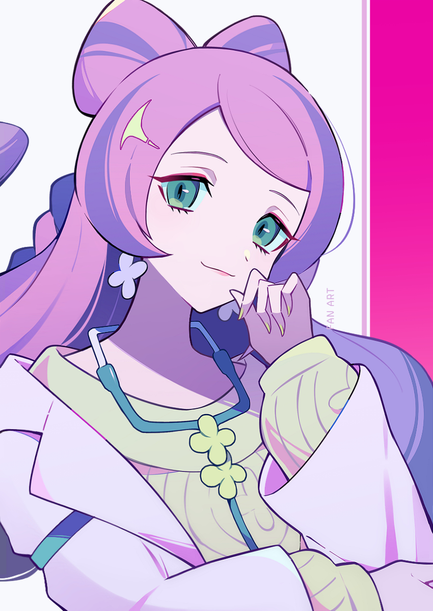 1girl, closed_mouth, coat, commentary_request, earrings, eyeshadow, green_eyes, hand_up